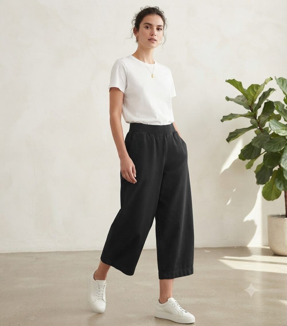 COS Minimalist Wide Leg Crop Pants Black 100% Cotton Elastic Waist Small